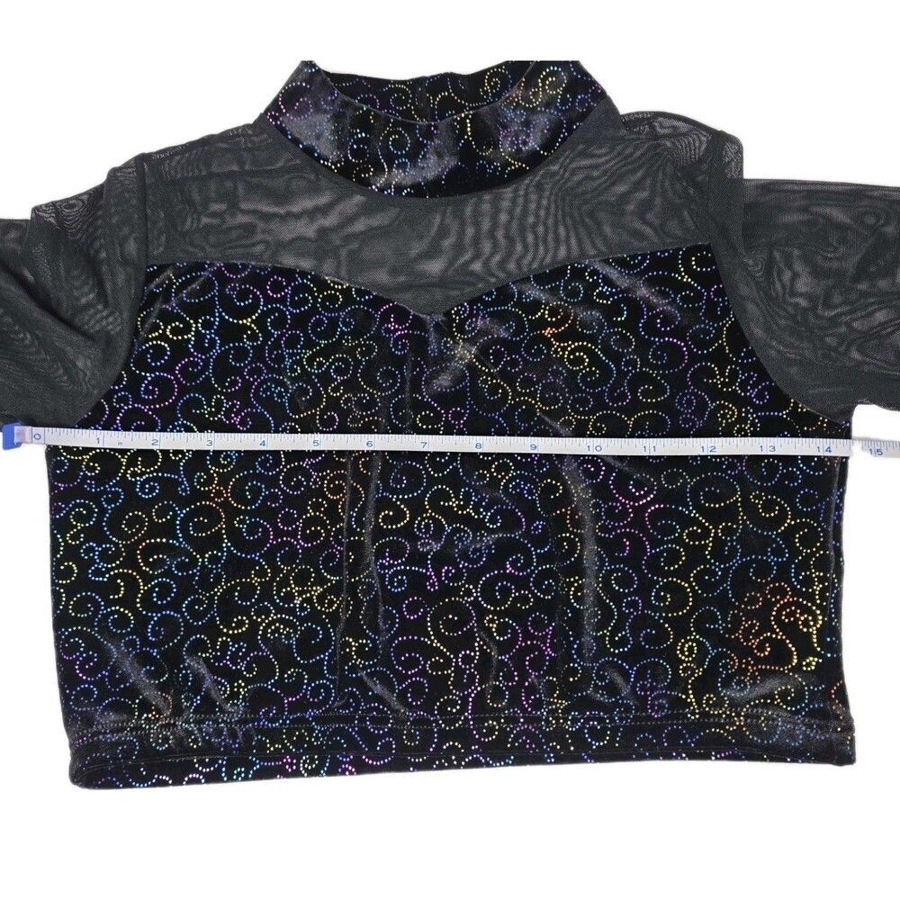 Body Wrappers VTG Mesh Velvet LS Mock Neck Dance Midriff Bling Top Preteen (XS) - Picture 13 of 16
